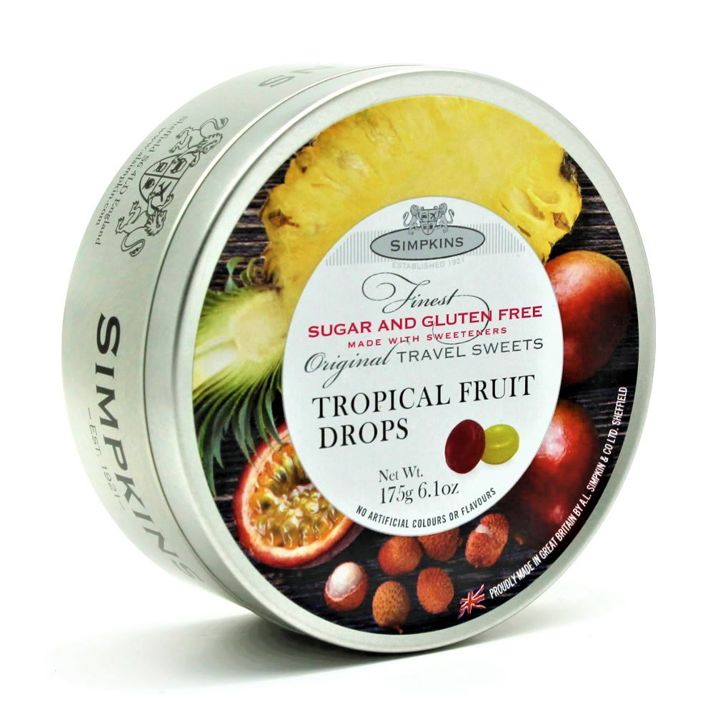 Simpkins Sugar Free Tropical Fruit Drops Travel Tin 150g RETRO SWEETS